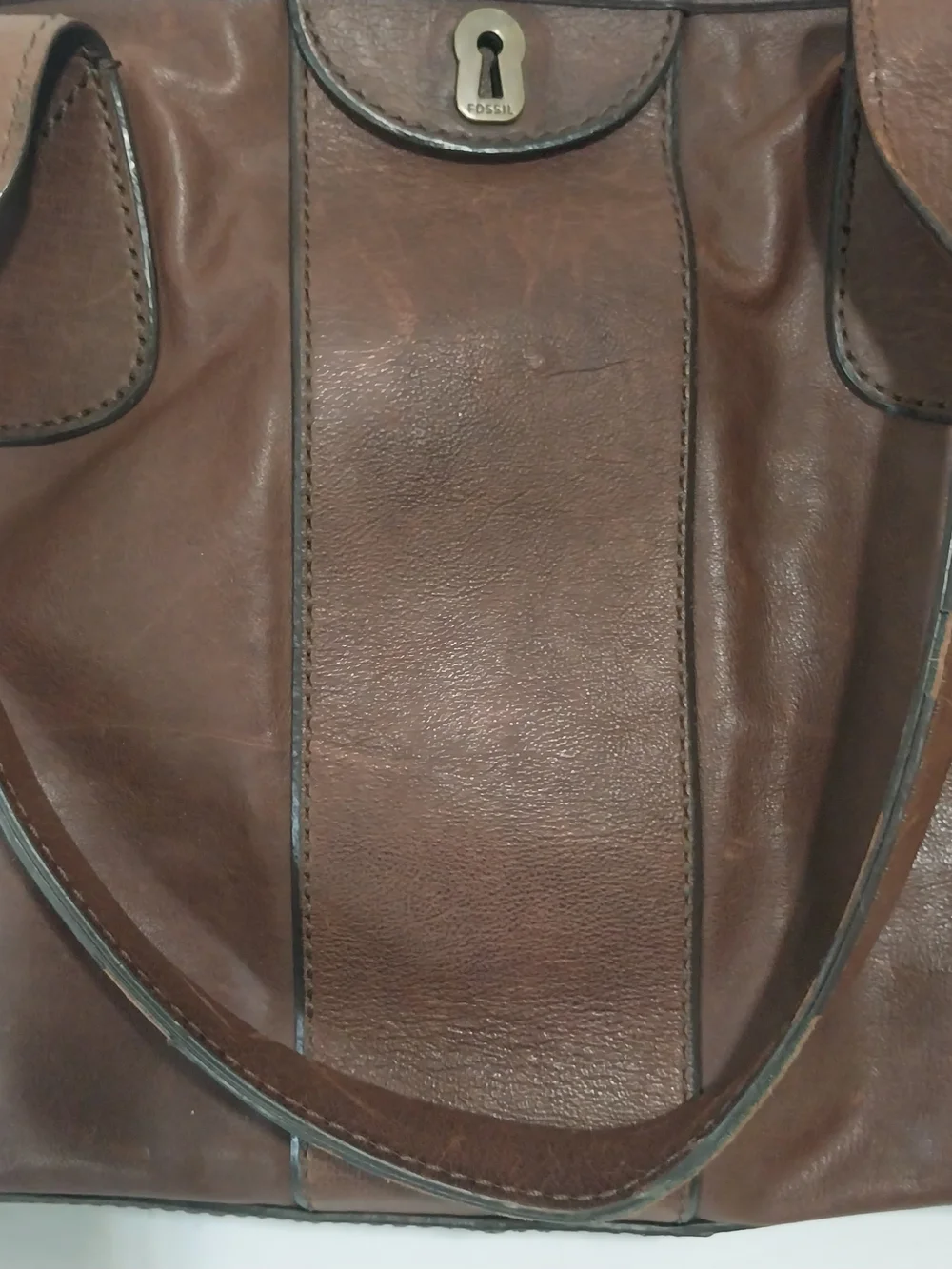 Fossil Brown Leather Unisex Satchel With Key Charm